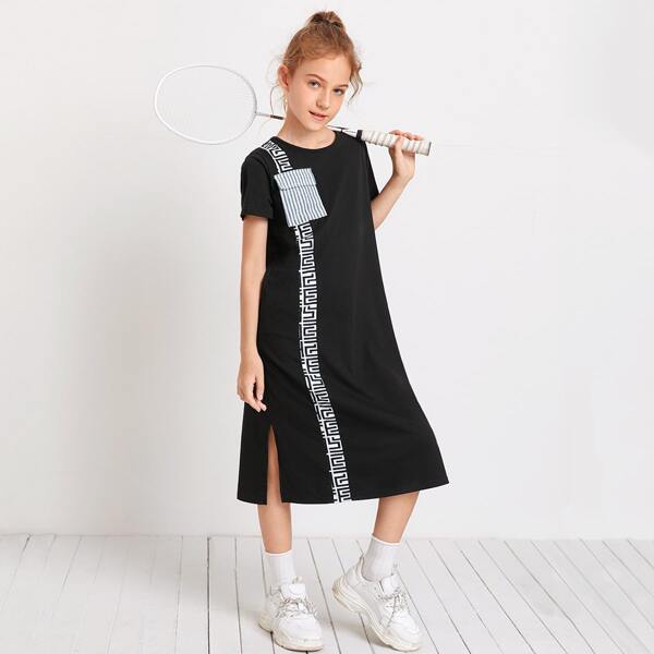 

Girls Striped Flap Pocket Front Graphic Print Dress, Black