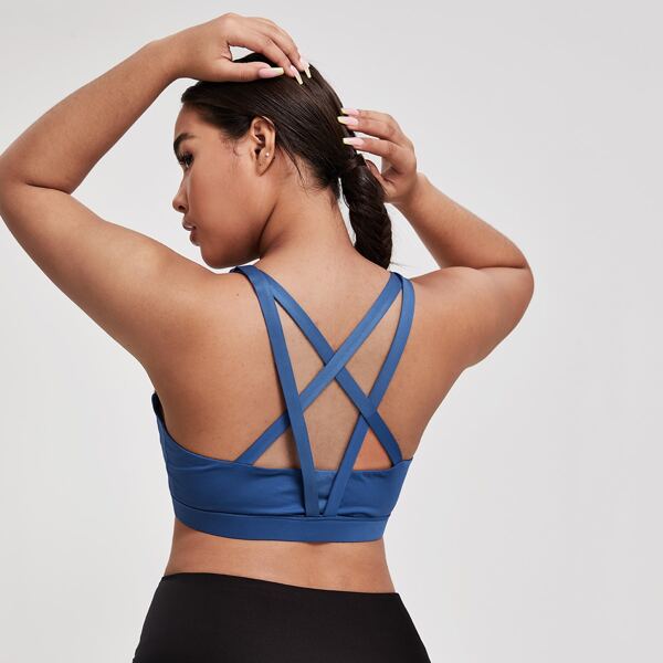 

Plus Contrast Panel Criss Cross Back Sports Bra, Blue