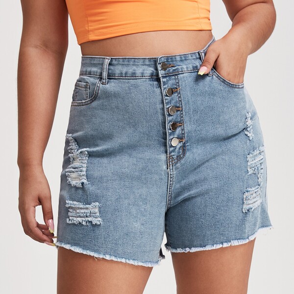 

Plus Light Wash Raw Hem Ripped Buttoned Fly Denim Shorts
