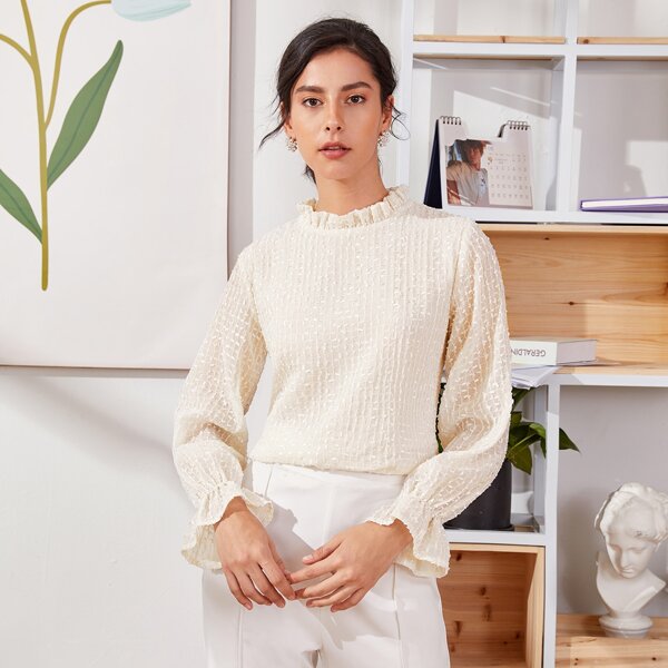 

Keyhole Back Frill Neck Blouse, Beige
