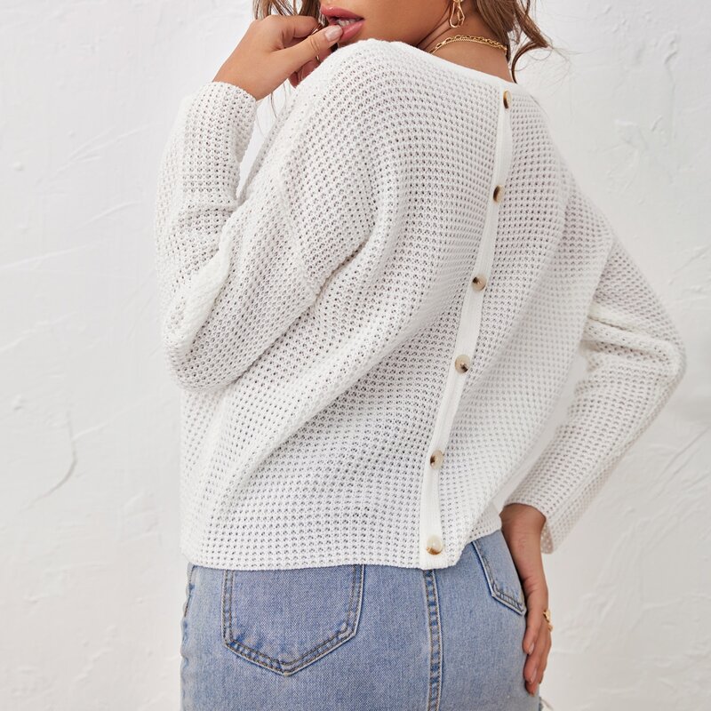 

Button Back Drop Shoulder Sweater, White