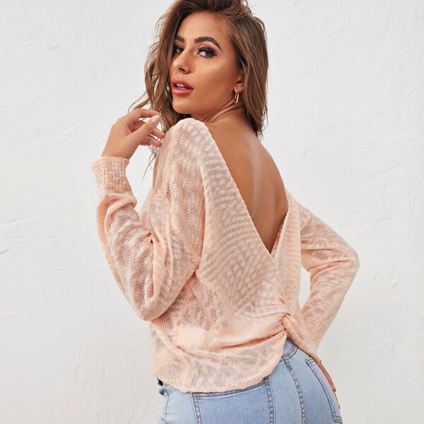 

V-back Twist Sheer Sweater, Pastel baby pink