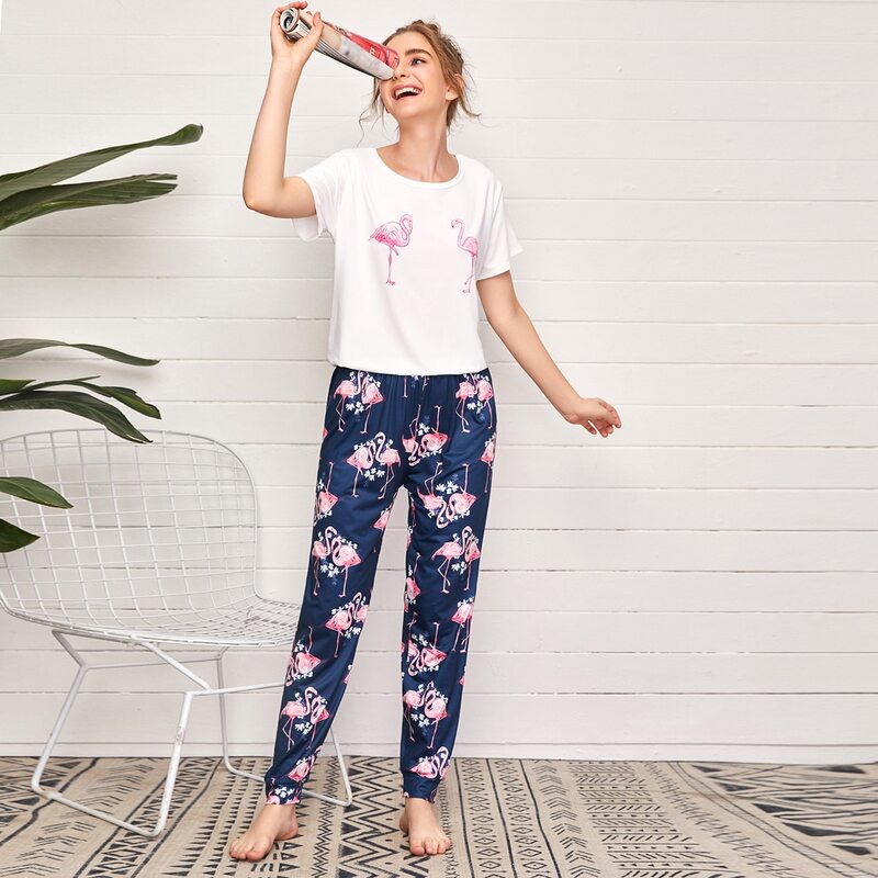 

Flamingo & Floral Print Pajama Set, Multicolor