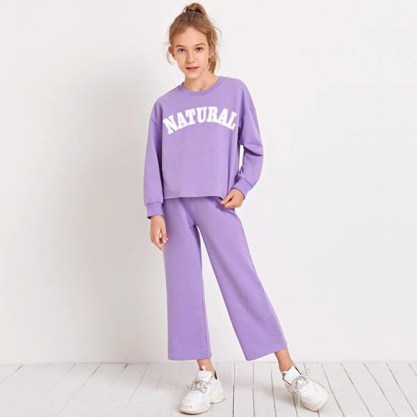 

Girls Drop Shoulder Letter Graphic Pullover & Pants Set, Lilac purple