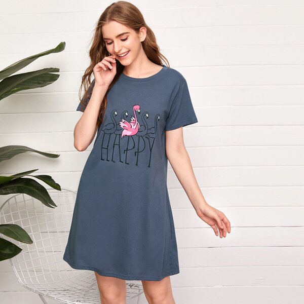

Flamingo & Letter Graphic Night Dress, Dusty blue
