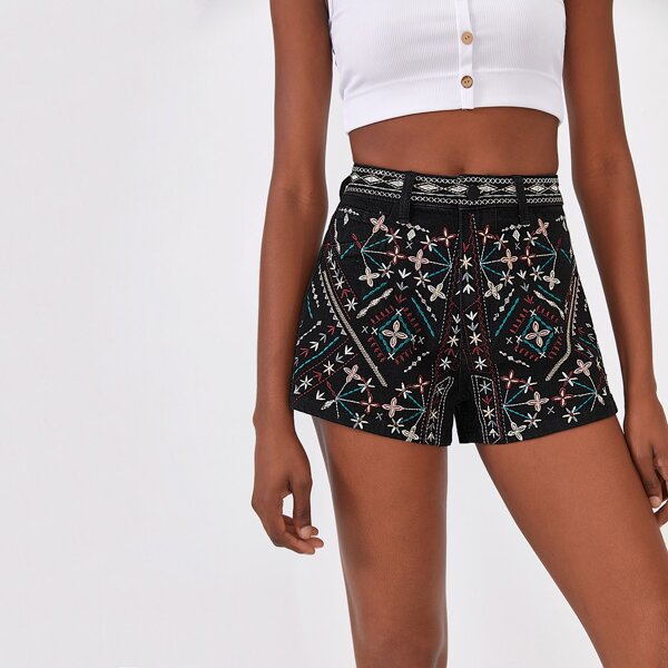 

Embroidered Detail Denim Shorts, Black