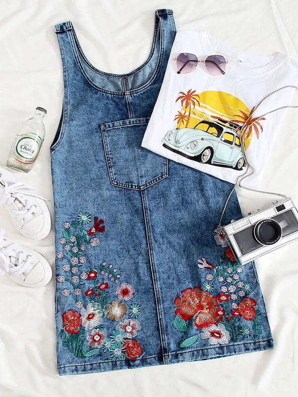 shein embroidered denim dress