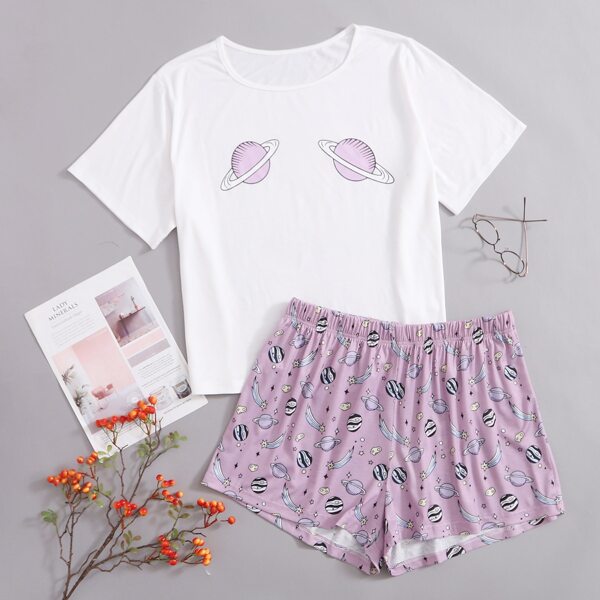 

Plus Planet Print Shorts PJ Set, Multicolor