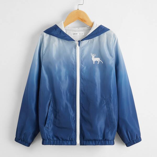 

Boys Zip Up Elk Print Hooded Ombre Wind Jacket, Blue and white