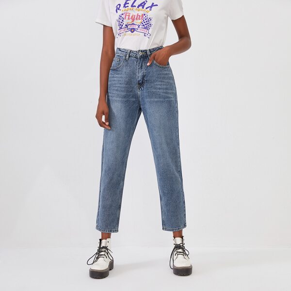 

Bleach Wash High-Rise Mom Jeans, Blue