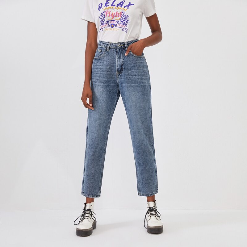 

Bleach Wash High-Rise Mom Jeans, Blue