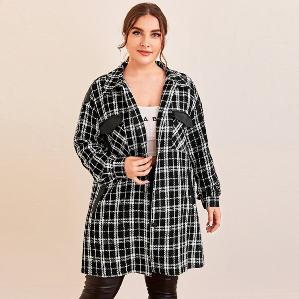 

Plus PU Leather Panel Flap Pocket Front Plaid Tweed Coat, Black