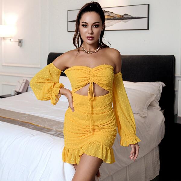 

HouseOfChic Off Shoulder Drawstring Ruched Peekaboo Dress, Mustard yellow