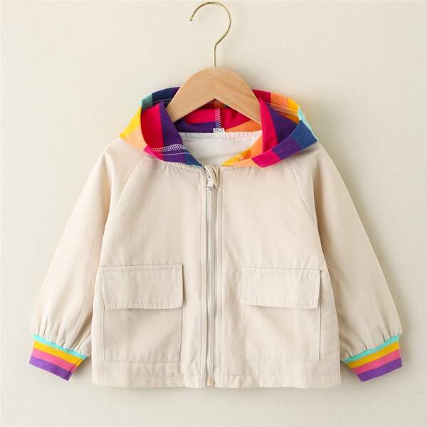 

Toddler Girls Rainbow Striped Hooded Jacket, Beige
