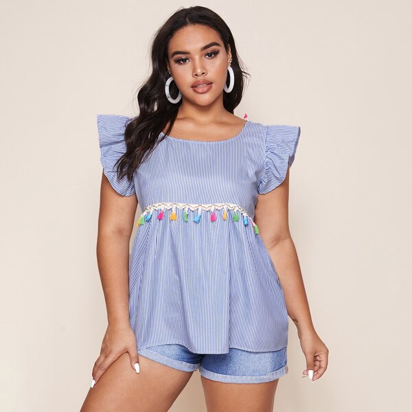 

Plus Tie Back Backless Pinstriped Fringe Trim Blouse, Blue and white