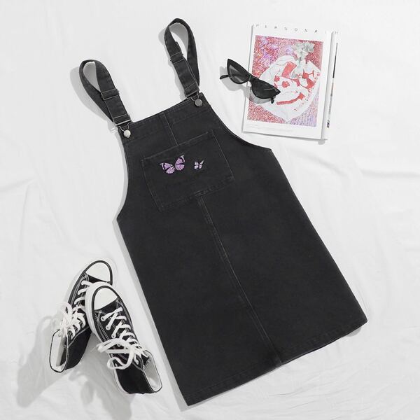 

Slogan and Butterfly Embroidered Pocket Front Pinafore Denim Dress, Black