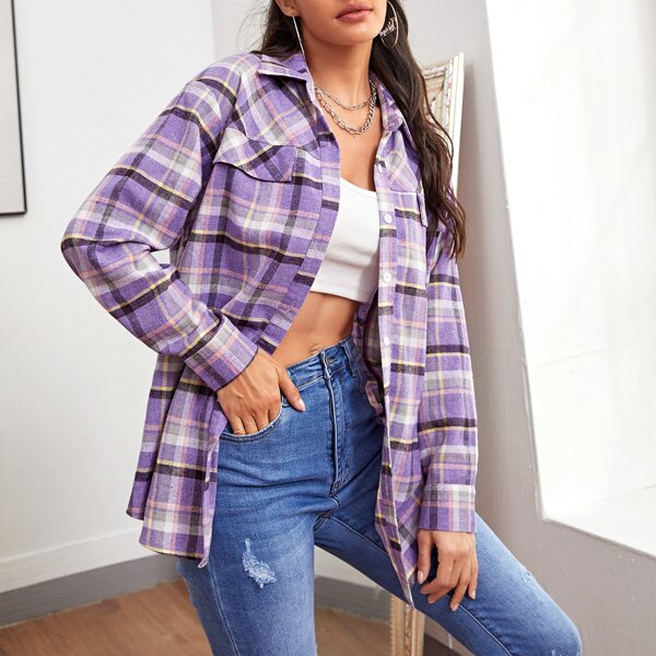 

Plaid Print Button Through Flannel Shirt, Multicolor
