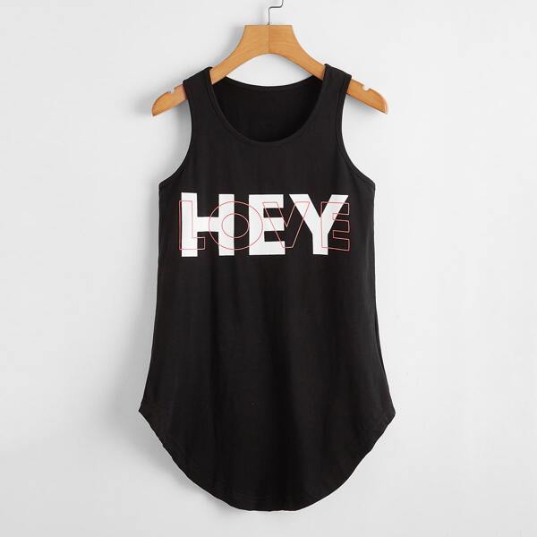 

Letter Graphic High Low Hem Tank Top, Black