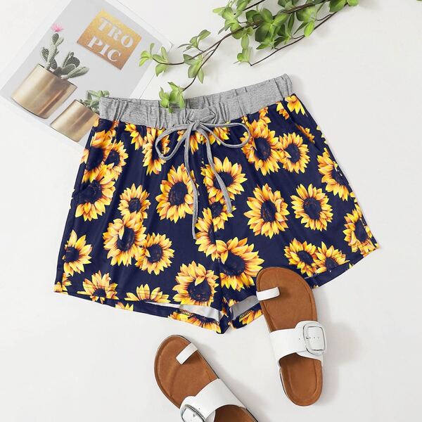

Plus Sunflower Print Drawstring Shorts, Multicolor