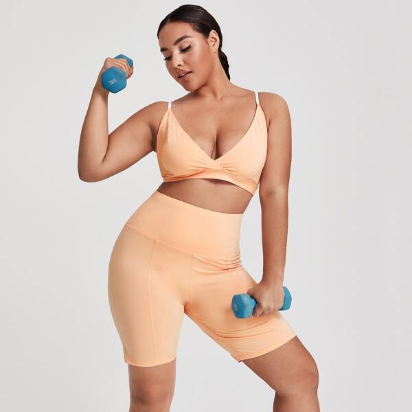 

Plus Cami Sports Bra With Biker Shorts, Coral orange pastel