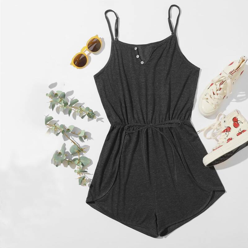 

Solid Button Cami Romper, Dark grey