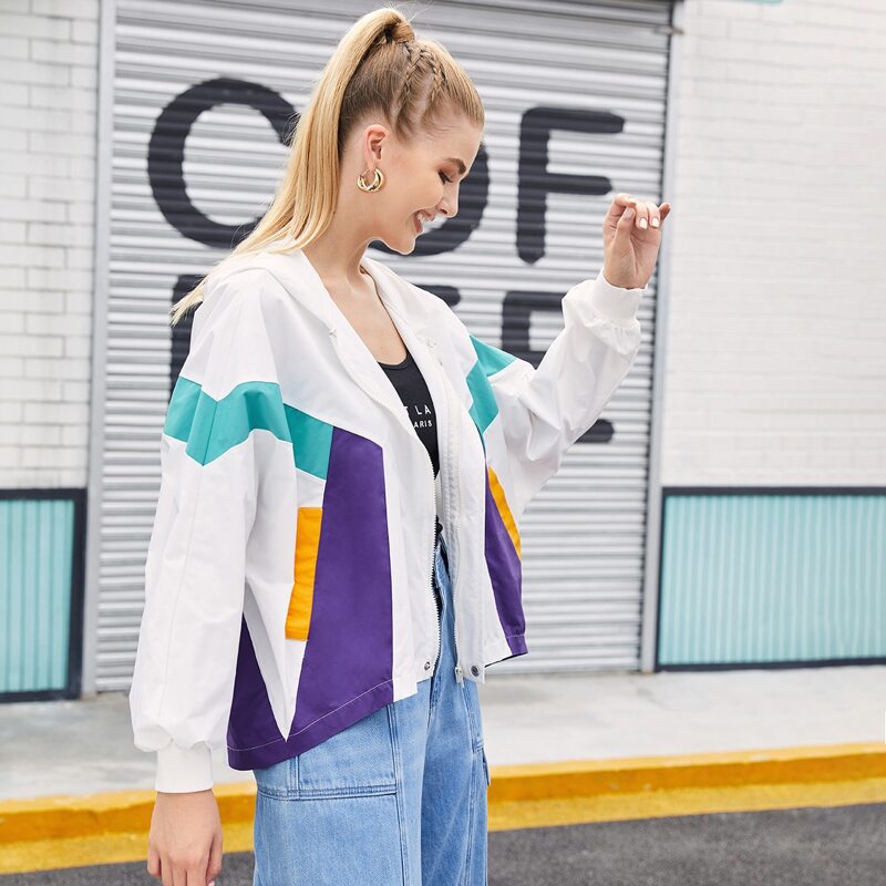 

Zipper Front Colorblock Windbreaker Jacket, White