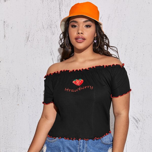 

Plus Strawberry Embroidered Lettuce Trim Bardot Tee, Black