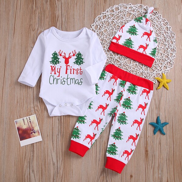 

Baby Girl Christmas Print Bodysuit & Pants & Hat, White