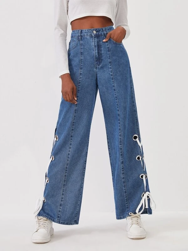 lace up side high waisted jeans