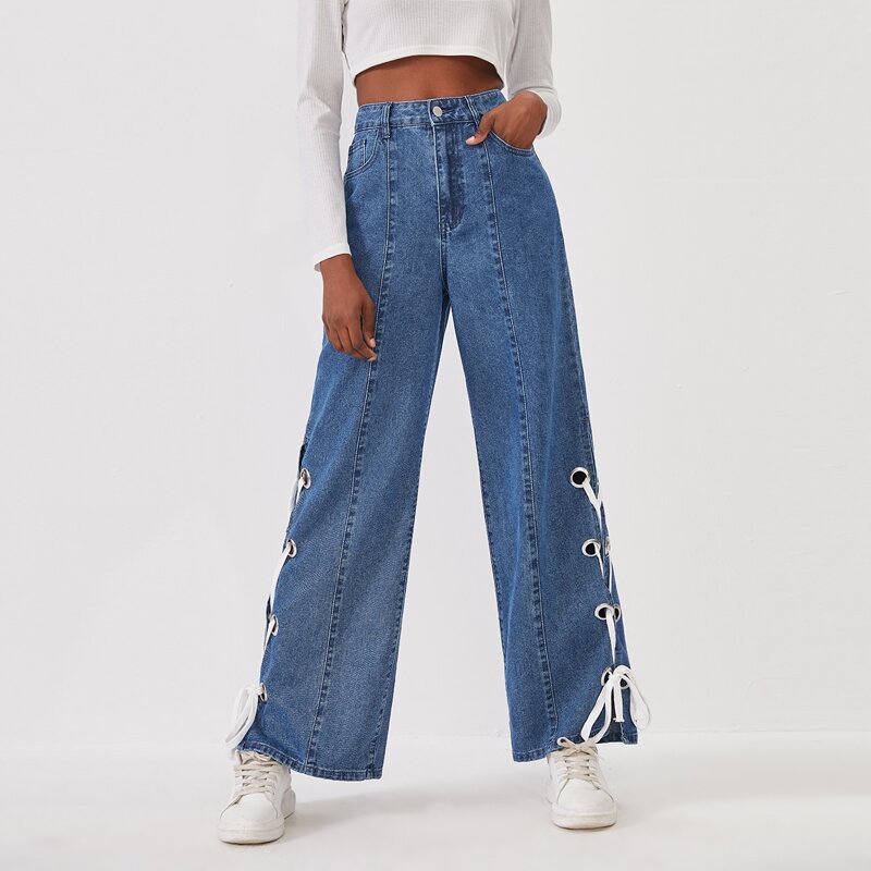 

High Waisted Lace Up Side Slant Pocket Jeans, Medium wash