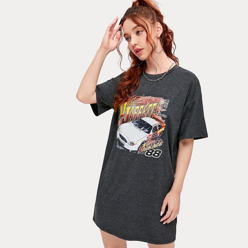 

Car & Letter Graphic Tee Dress, Grey