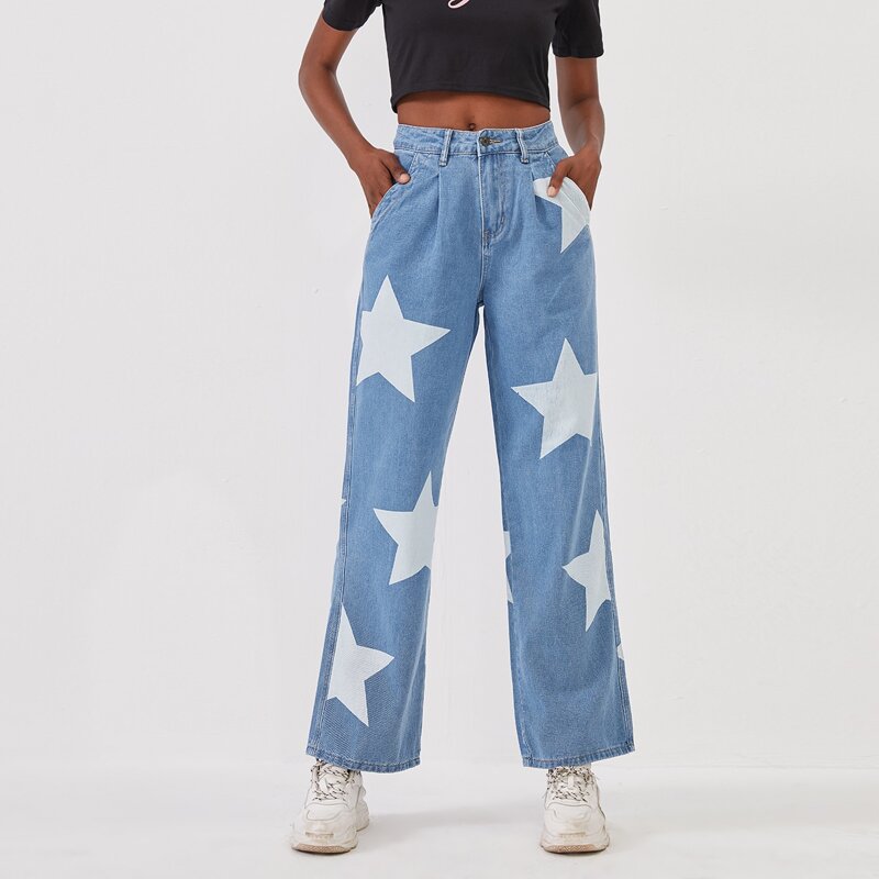 

Star Print Fold Pleated Front Wide Leg Jeans, Light wash