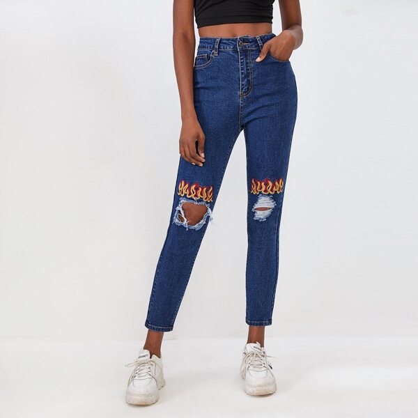 

Fire Embroidery Ripped Jeans, Dark wash