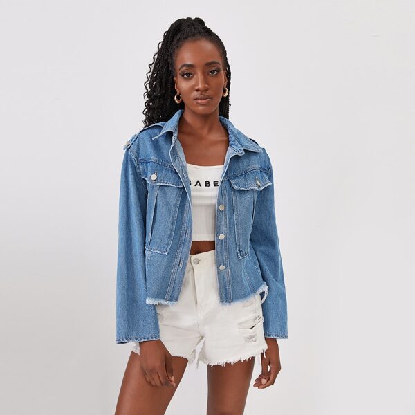 

Raw Hem Button Front Denim Jacket, Light wash