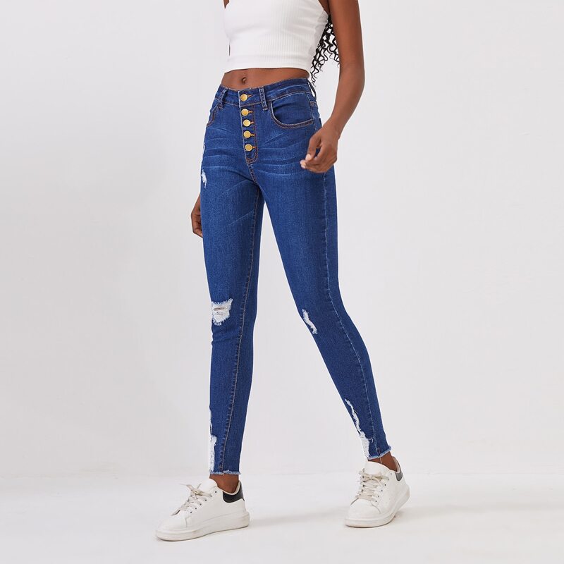 

High Stretch Ripped Skinny Jeans, Medium wash