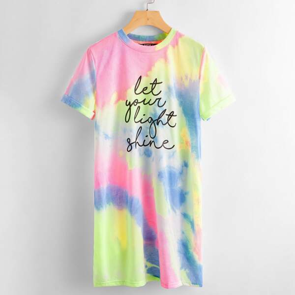 

Plus Slogan Graphic Tie Dye Tee Dress, Multicolor