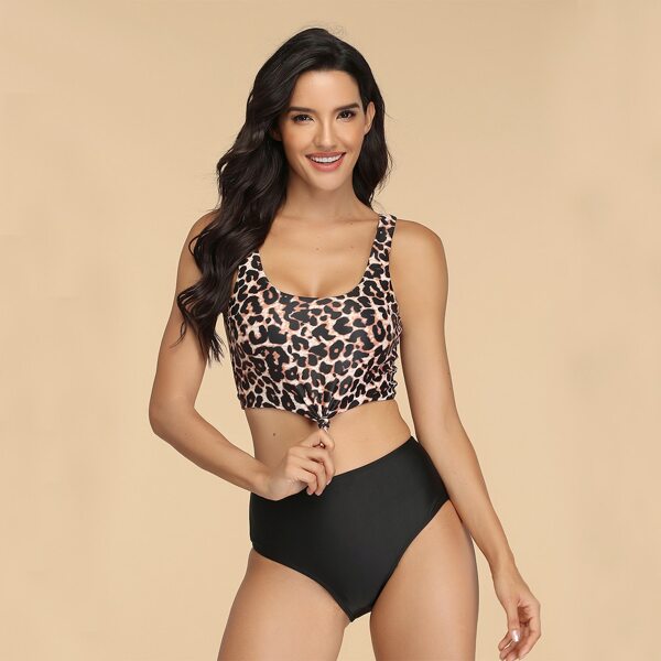 

Leopard Knot Hem High Waisted Bikini Swimsuit, Multicolor