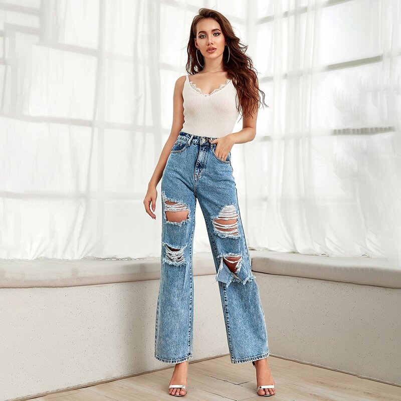 

Slant Pocket Ripped Wide Leg Jeans, Medium wash