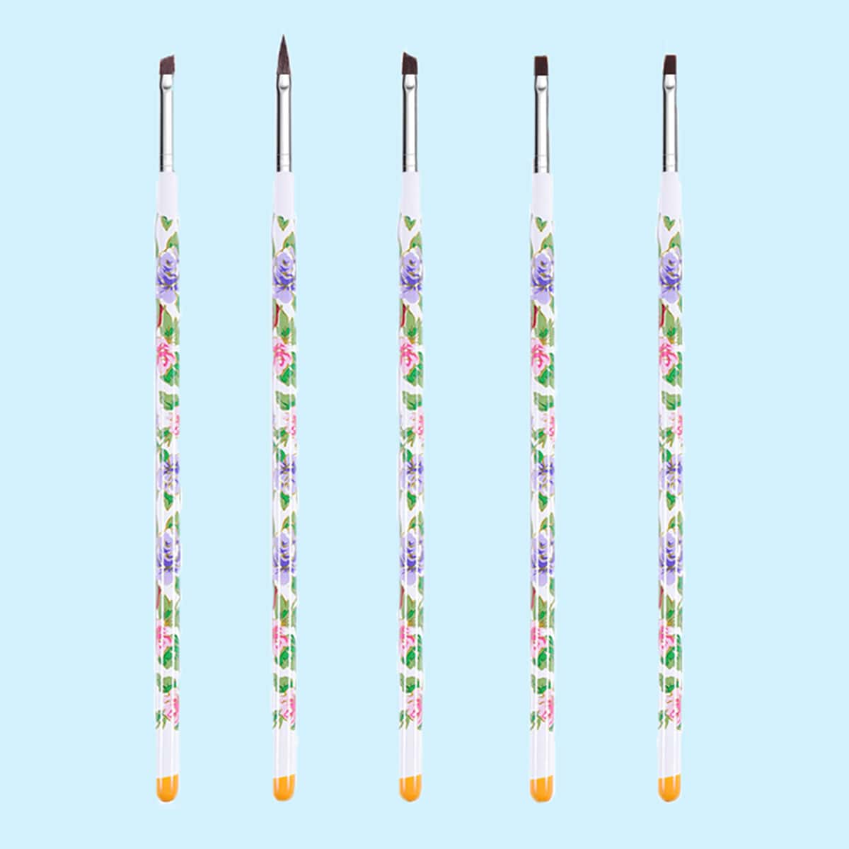 

5pcs Flower Print Handle Nail Art Brush, Multicolor