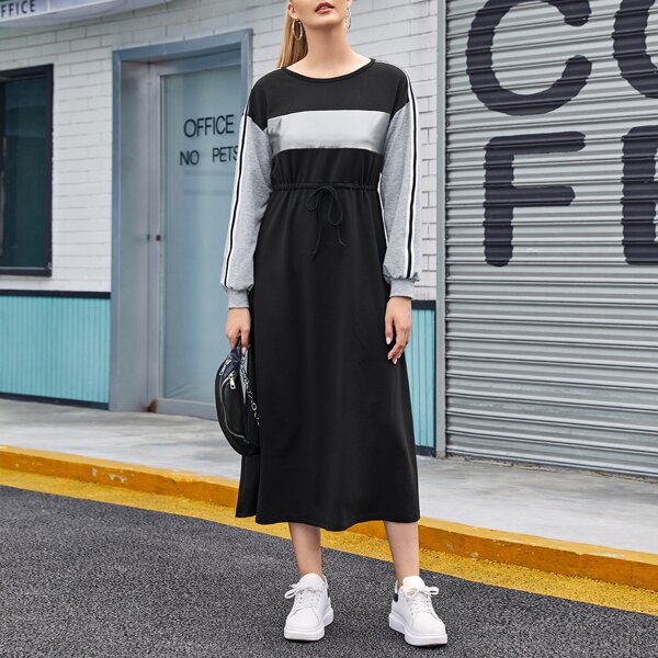 

Drawstring Waist Striped Tape Detail Sweatshirt Dress, Black