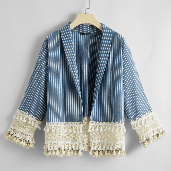 

Shawl Collar Fringe Trim Striped Coat, Dusty blue