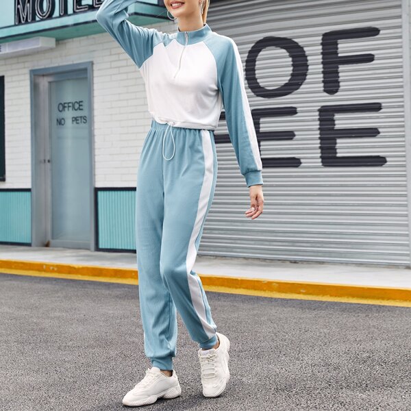 

Zipper Half Placket Raglan Sleeve Pullover & Sweatpants Set, Blue and white