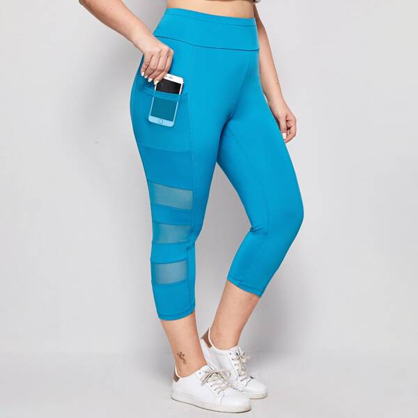 

Plus Wide Waistband Mesh Insert Leggings, Bright mint blue