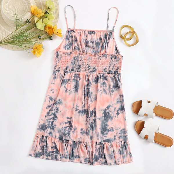 

Plus Shirred Back Ruffle Hem Tie Dye Cami Dress, Multicolor