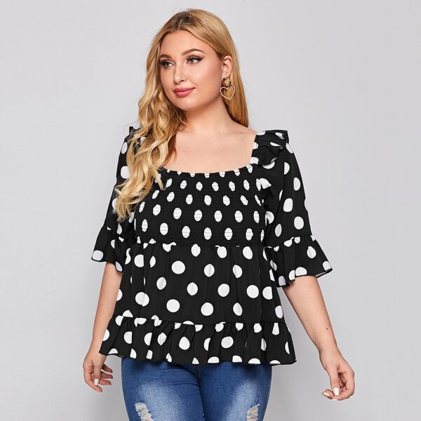 

Plus Polka Dot Ruffle Hem Shirred Blouse, Black