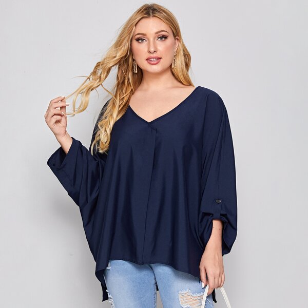 

Plus Batwing Sleeve High Low Hem Top, Navy blue