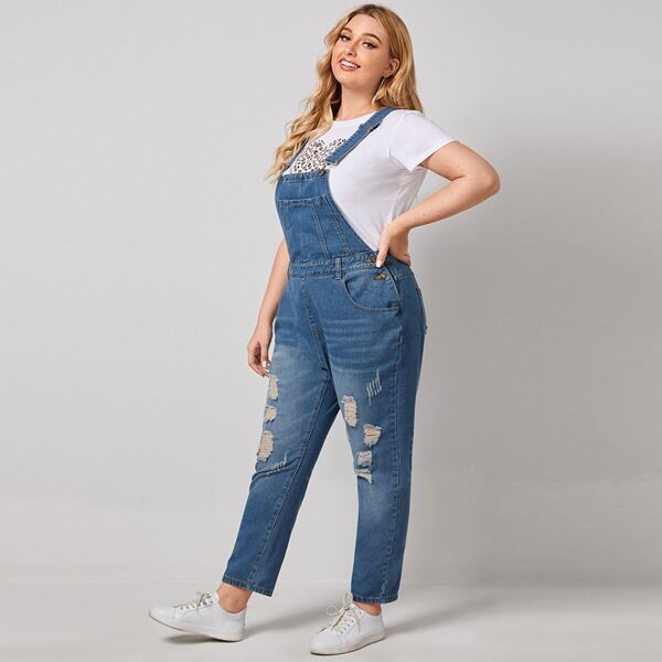 

Plus Button Side Ripped Denim Overalls, Medium wash