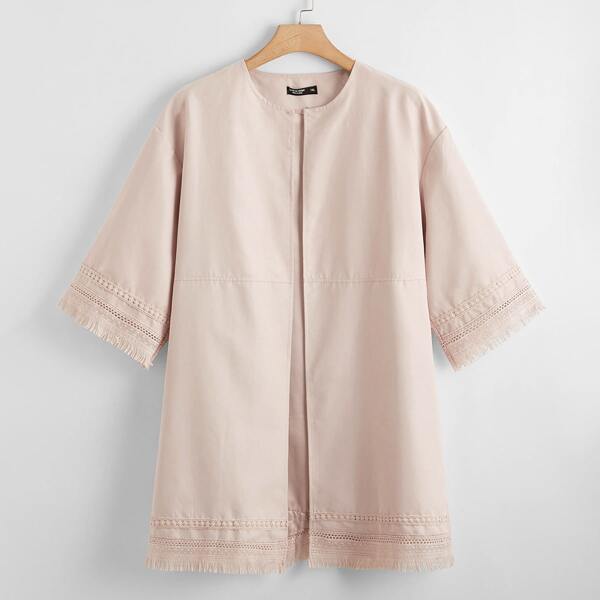 

Plus Fringe Trim Open Front Coat, Pastel pink