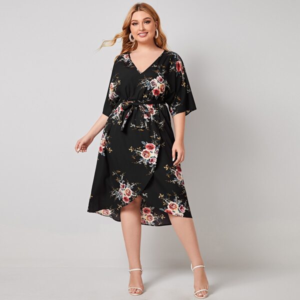

Plus Wrap Belted Floral Print Dress, Black