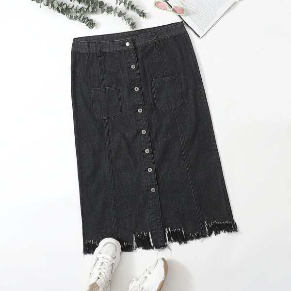 

Plus Raw Hem Button Front Denim Skirt, Black